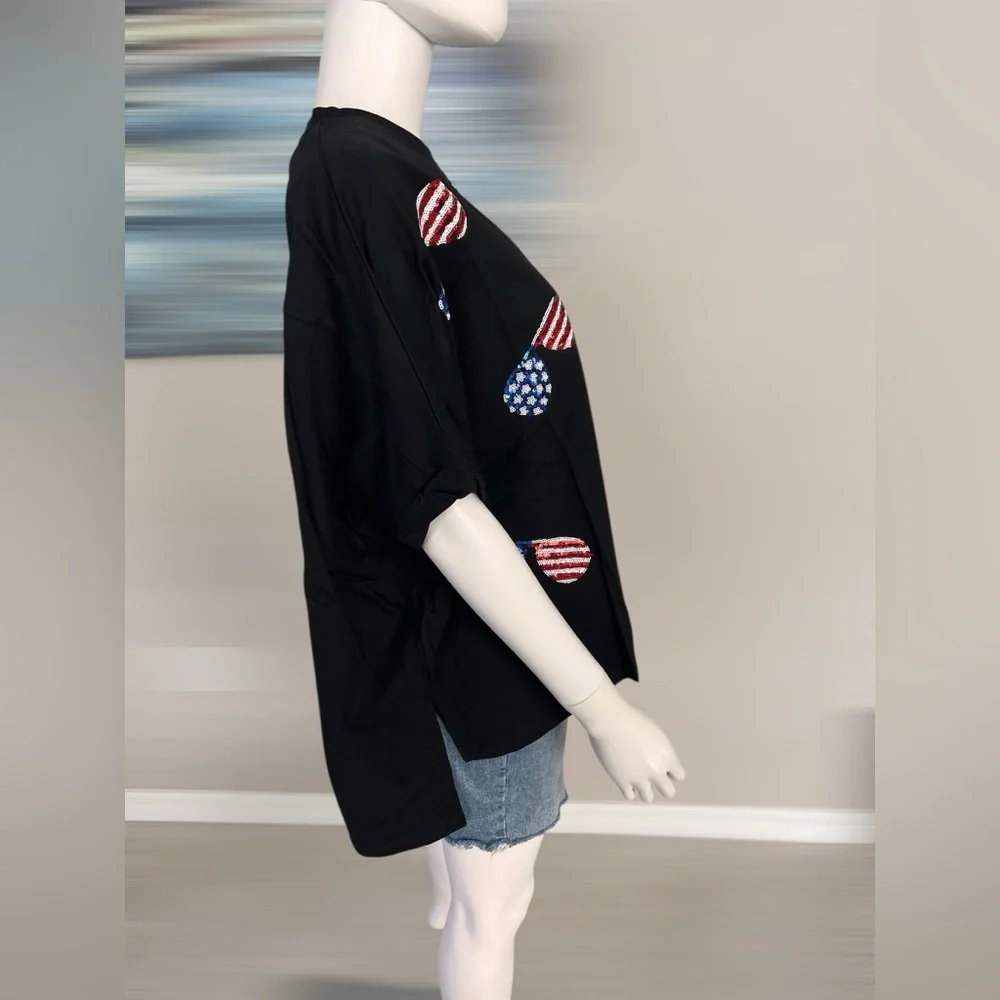 FANTASTIC FAWN patriotic sequin sunglasses  oversized top S M L - Picture 5 of 7